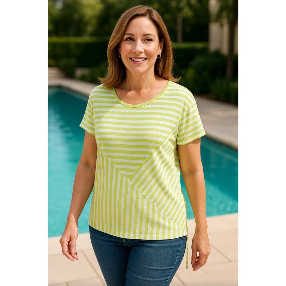Chico’s Size 3 XL Green‎ White Stripe Asymmetrical Tunic Top ShrtSlve LinenBlend